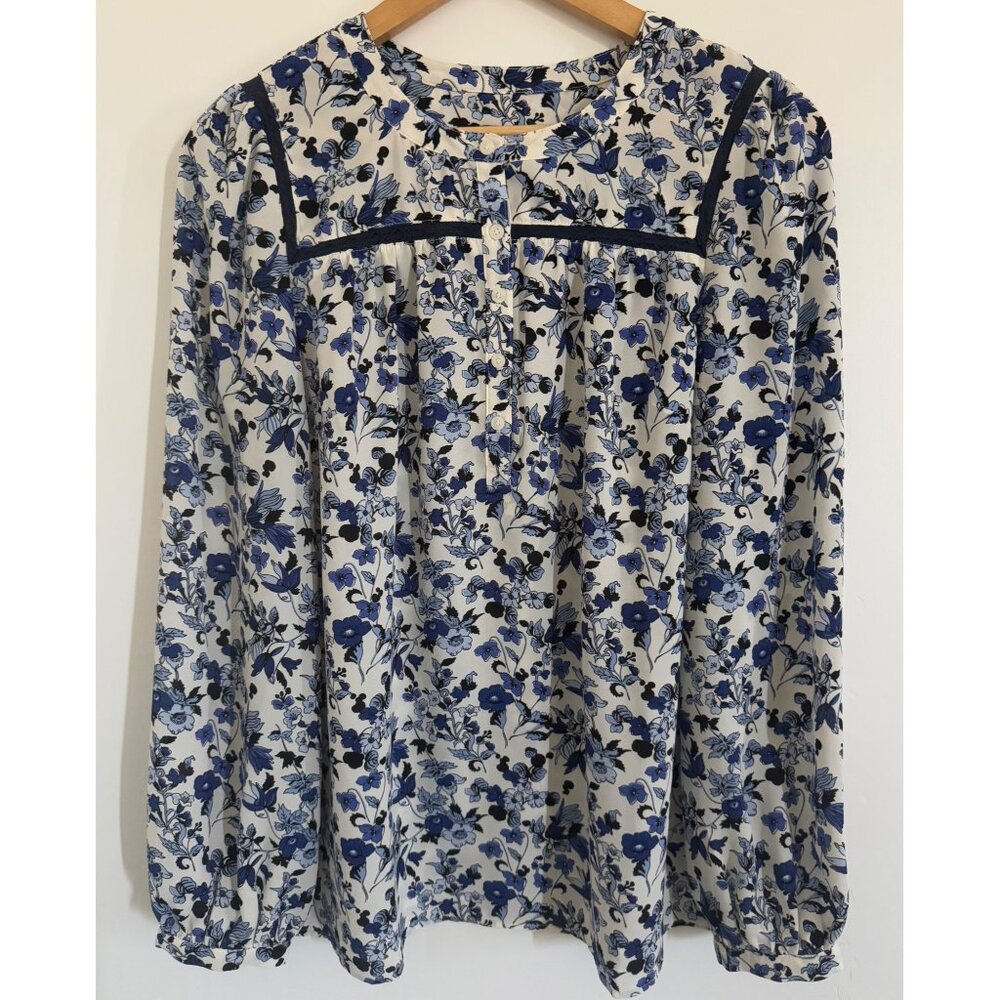 Talbots Blue Dainty Floral Print Lace Trim Womens M Long Sleeve Blouse Cottage P